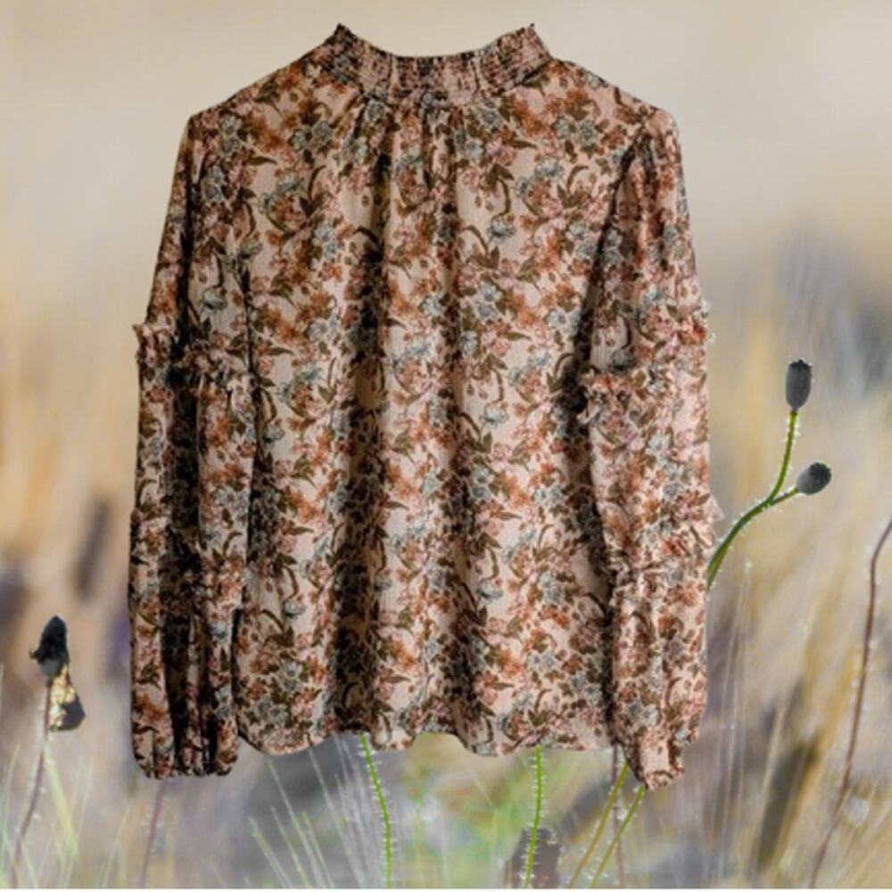 Cece small long sleeve lined tan and brown floral lightweight woman's blouse.